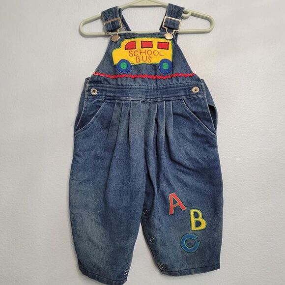 Vintage 90s Y2K Denim Overalls Pleated School Bus ABC's Girls Size 12-month - Picture 1 of 9